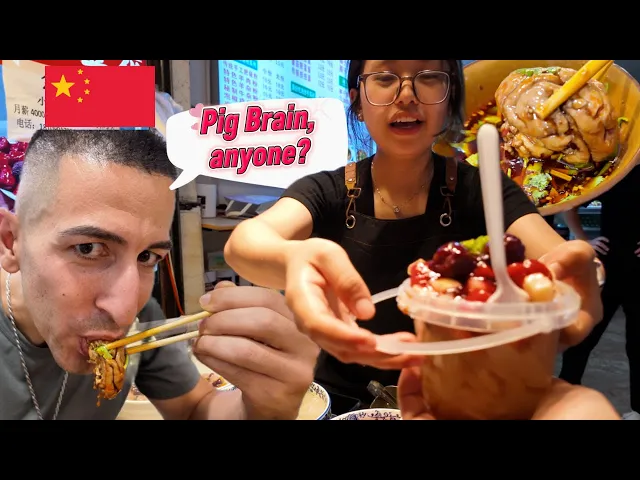 American confused in Chengdu, China eating exotic Chinese food (Chinese duck fried, Bingfen, pancake