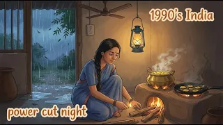 cozy monsoon power cut dinner 1990s indian village life ghibli style asmr