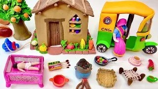 DIY How to make polymer clay miniature house, Rikshaw, Kitchen set, Hand Pump Tree, Charpai |Village