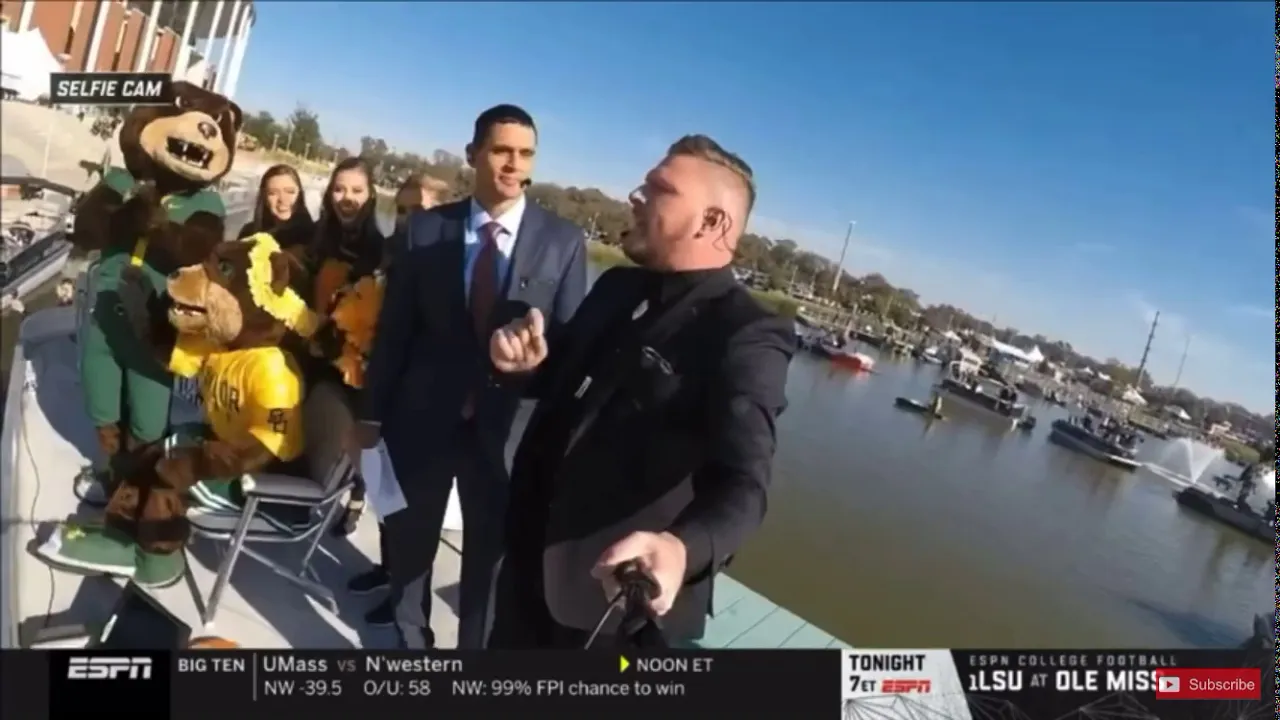 Pat McAfee jumps off a boat into the Brazos River on College Football Gameday at #12 Baylor