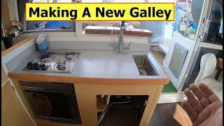 New galley for a Lagoon. We fit a new countertop, sink with a sliding cover and much more.