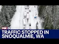 Drone shows traffic stopped on I-90 over Snoqualmie Pass FOX 13 Seattle