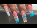 Long Square Ombre French Marble 3D Flower Acrylic Nails
