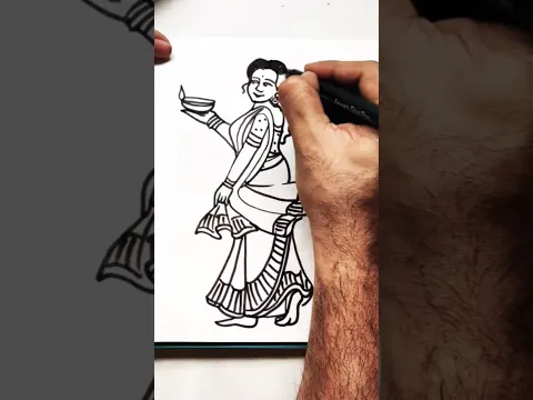 Quick simple and easy diwali special drawing of beautiful women in saree holding diya using number 2