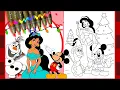 Coloring Princess Jasmine Olaf Mickey dressed up for Christmas time Disney Christmas