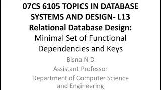 TDSD L13 Relational Database Design Minimal Set of Functional Dependencies and Keys