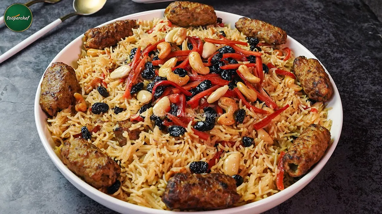 Afghani Pulao with Kafta Kabab   Kabuli Pulao Recipe by SooperChef