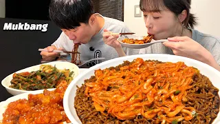 노각무침과 짜장라면의 조합..!??🥒💕 짜르르 잔뜩 끓여서 깐풍기랑 먹방✨ Jjajang ramen, cucumber kimchi MUKBANG