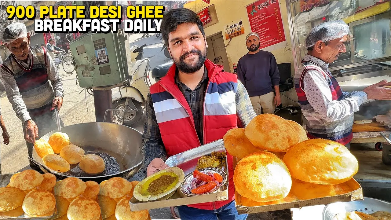 70/- Rs Desi Ghee Nashta   Street Food India   Chole Bhature, Poori Bhaji, Aloo Gobhi, Moong Halwa