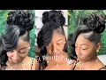 Pin Curl Pin Up Ponytail with layered Quickweave Side bang Look Learn How to achieve this look