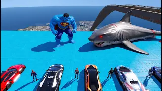 GTA 5 Sky Ramp: Blue Hulk Smash & The Deadly Lake Shark! Spiderman and Friends