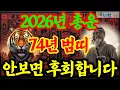 Lagu 1974년 갑인생 호랑이띠, 2026년(丙午年) 총운, 상세 운세(재물운, 문서운, 건강운, 사업운, 직업운, 대인관계운, 애정운, 가정운 등) 및 2026년 로또 행운 번호 공개