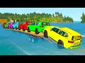 Lagu Triple Flatbed Trailer McQueen Transportation with Truck - Speedbumps vs Cars vs Train - BeamNG #53