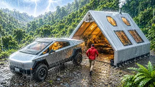 LUXURY CAMPING IN HEAVY RAIN ⛈️ COZY INFLATABLE TENT WITH TESLA CYBERTRUCK