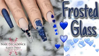 Acrylic Nails Matte Navy Blue Clear Ombre Frosted Glass 3D Flowers Bling Long Ballerina