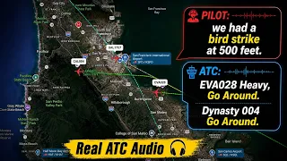 United 1757 Hit A Bird At 500 Feet Then SFO Tower Ordered Multiple Go-Arounds Real ATC