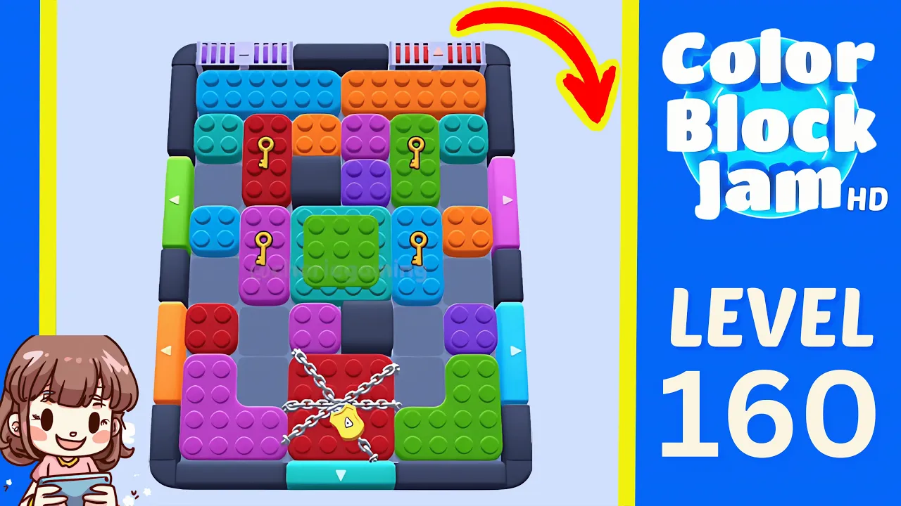 Color Block Jam Level 160 2:00 opening layout with four key blocks and bottom chain opening frame