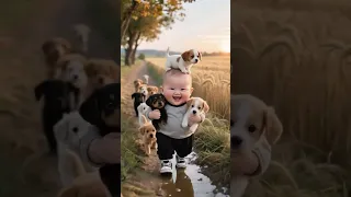 طفل جميل جدا مع كلابه صغيرة جميلة                     دندنها