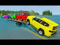Triple Flatbed Trailer McQueen Transportation with Truck - Speedbumps vs Cars vs Train - BeamNG #08