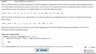Java Practice It Exercise 7 11 isUnique arrays array basics hashsets