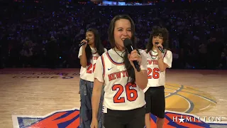 Lauren Mariasoosay, Erin Ramirez, and Jen Sese perform "The Schuyler Sisters" at the NBA Finals