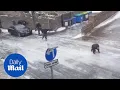 People vs ice: Everyone keep slipping on this icy road in England