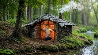 Building a Cozy Log Cabin with a Giant Clay Fireplace | Bushcraft Shelter