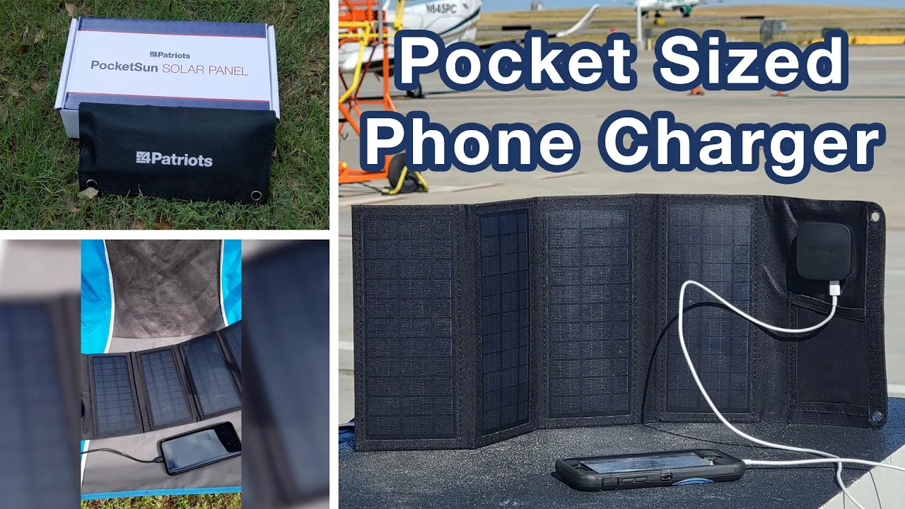 Collage of images showing the 4Patriots PocketSun solar panel in use, including a close-up of the compact folded unit and a view of the fully extended panel charging a phone on the ground. The main title text reads “Pocket Sized Phone Charger,” emphasizing its portability and solar-powered functionality.