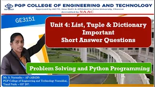 Unit 4 Important Short Answer Questions - GE3151 Problem Solving and Python Programming