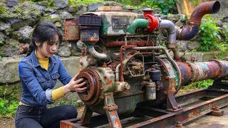 💡天才女孩修复报废的柴油机,配件都被拆完太破旧了,修好了老乡送我腊肉!genius girl repaired a scrapped diesel engine|林果儿