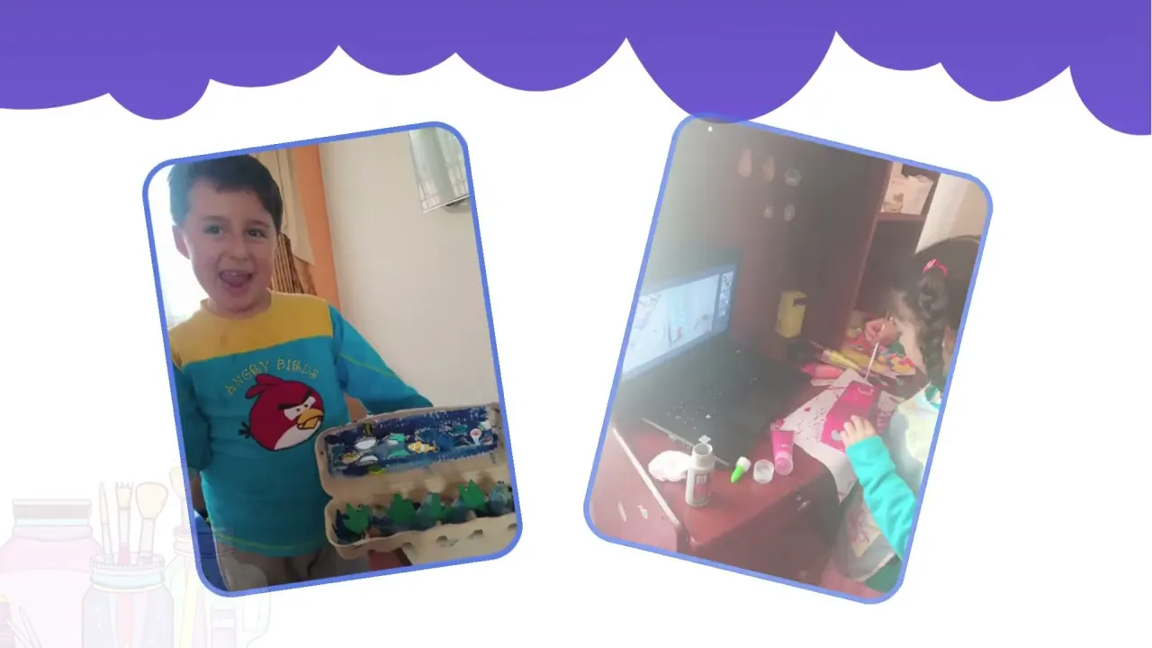 Niños creando manualidades con materiales reciclados en taller virtual de inglés Eco Craft Makers con la Teacher Andrea