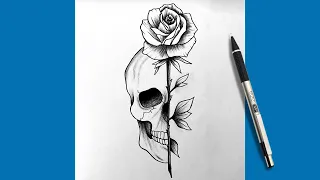 How To Draw A Skull And Rose Easy Step By Step Tattoo Drawing Tutorial For Beginners