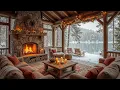 Winter Wood Cabin with Warm Fireplace Ambience Smooth Jazz Piano Music for Holiday Retreat