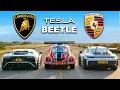 911 GT3 RS v Lambo V12 vs Tesla Beetle: DRAG RACE