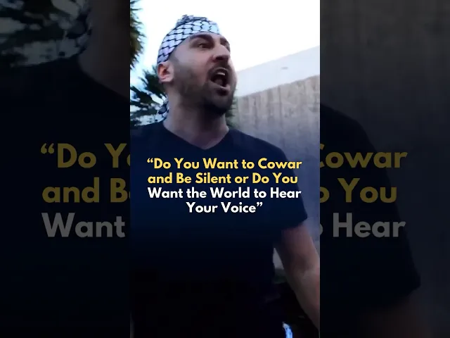 ⁣A man inspires and motivates others to join in marches, striving for the liberation of Palestine.