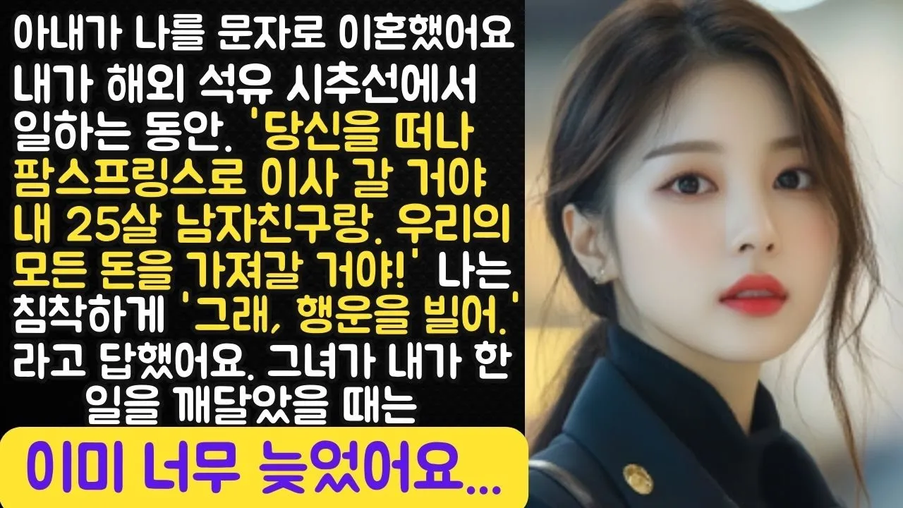 Outline Video 아내는 내가 해외에서 일하는 동안 문자 메시지로 이혼을 통보하고 우리의 돈을 가져갔다. 하지만 그녀는 아무것도 몰랐다.
