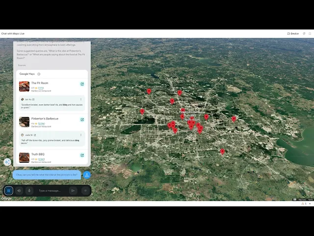 Chat with Maps demo app powered by Grounding with Google Maps (Live interaction uses the Gemini Live API)