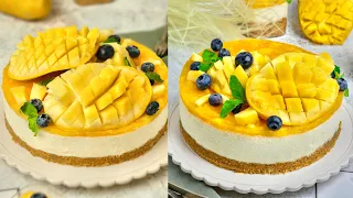 أطيب تشيز كيك مانغو 🥭 سكره خفيف وبيبرد القلب بهل الشوب بدون قالب وبالقالب 💛