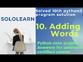 Adding Words python3 core project answer sololearn free Certificate courses