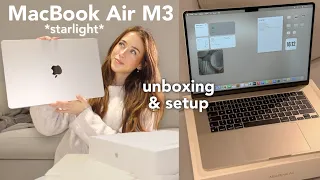 MacBook Air M3 Unboxing starlight 2024 aesthetic customization setup
