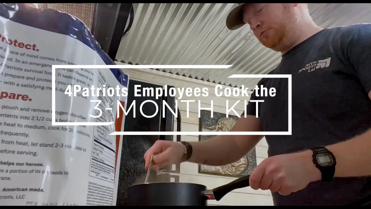 4Patriots employee cooking a meal from the 3-Month Survival Food Kit, demonstrating ease of preparation and emergency food quality.