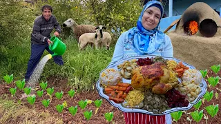 دجاج محشي بالارز في فرن تقليدي و زراعة الخص في حديقة البيت 
