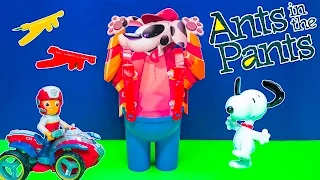 Playing the Ants in the Pants Game with Paw Patrol and Snoopy Toys