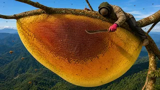 99% wouldn't dare climb this 100 meter tall ancient tree Harvesting giant wild honey 😱