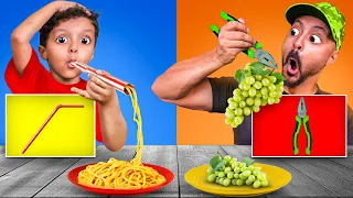 تحدي أكل بأدوات مختلفة اتحداكم ما تضحكون 