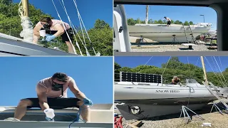 Snowbird Ep36 Spray painting my sailboat Hallberg Rassy Rasmus, top coat painting, all in one video