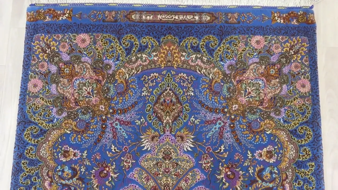 希少なシルク＆ウール クム産 【サマディ工房】 100×168cm 青　ID25006