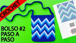 Bolso a crochet en punto bajo con diseño de quebradas paso a paso