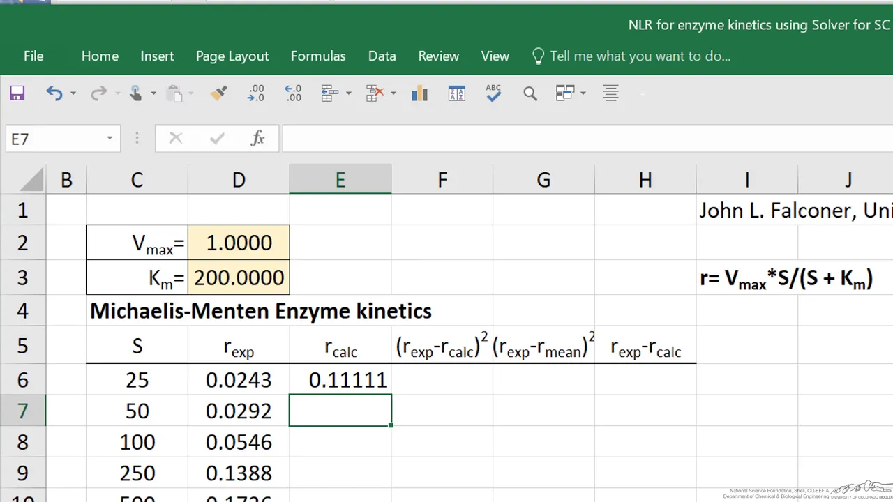 Nonlinear Regression to Determine Michaelis-Menten Kinetics Parameters Using Excel Solver