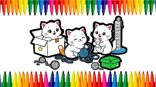 Cute Kittens Playing with Yarn Learn Colors for Kids Easy Coloring Page